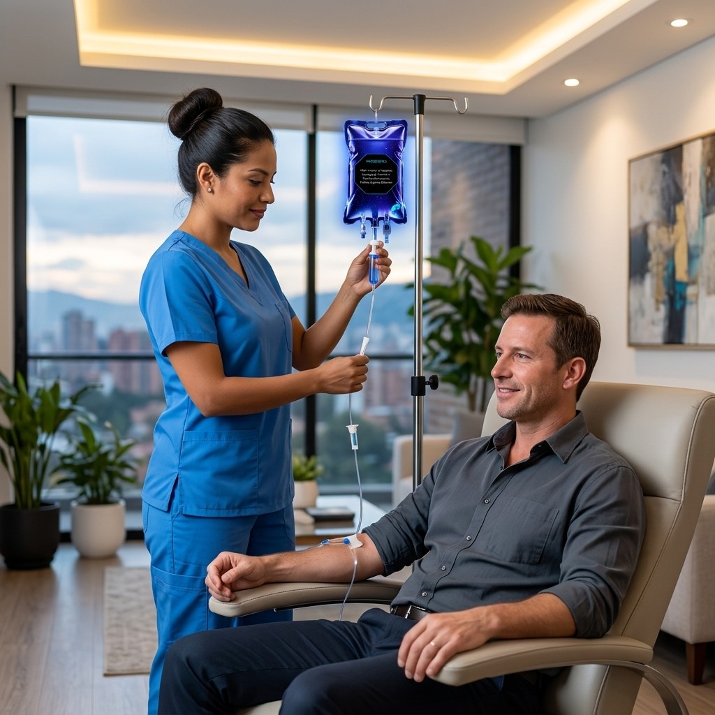 Paciente recibiendo sueroterapia premium Re-Vibe en oficina moderna