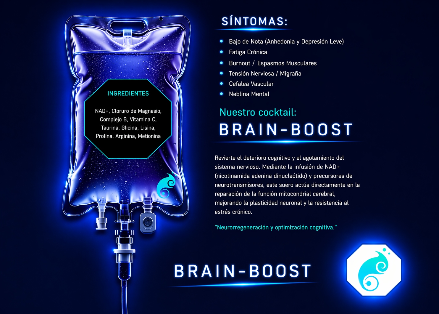 BRAIN-BOOST — Bolsa de suero con NAD+, Complejo B, Taurina