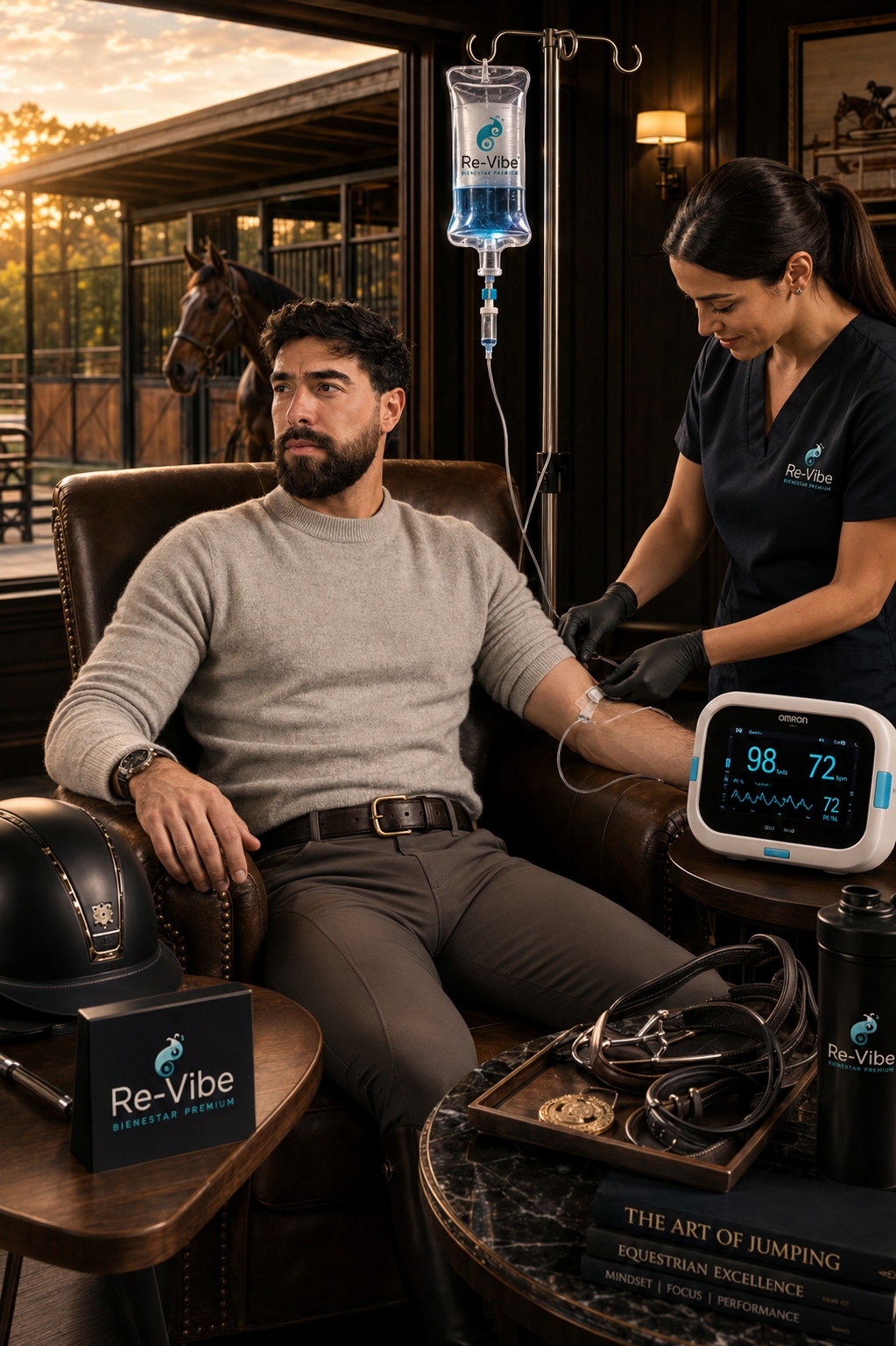 Sueroterapia Re-Vibe en club ecuestre premium — paciente recibiendo infusión IV con enfermera certificada