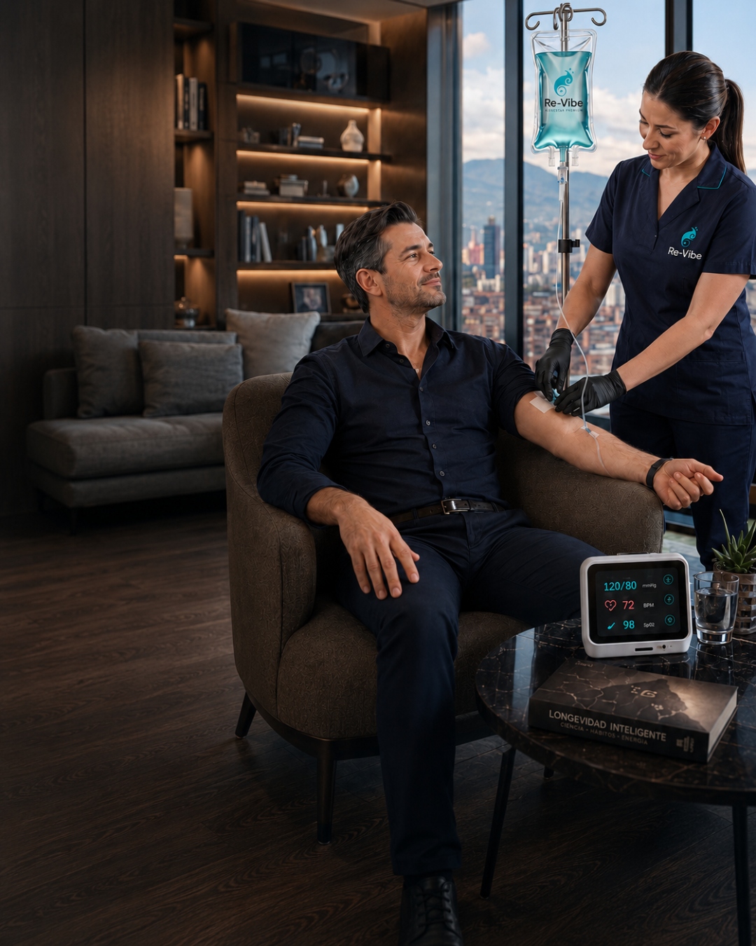 Ejecutivo recibiendo sueroterapia Re-Vibe en penthouse Bogotá con monitoreo clínico