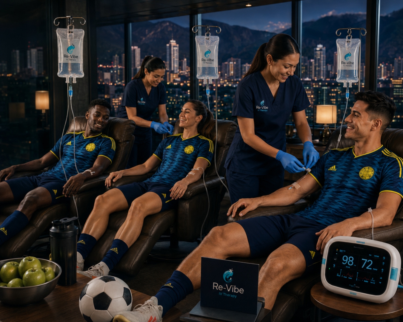 Sesión grupal de sueroterapia Re-Vibe para deportistas — tres jugadores con suero simultáneo