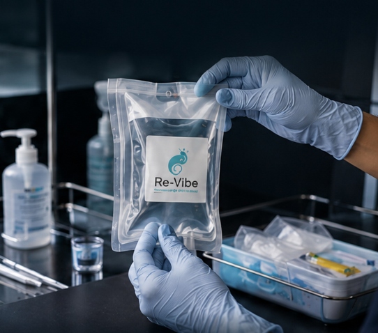 Bolsa de suero Re-Vibe en guantes clínicos — insumos estériles de grado farmacéutico