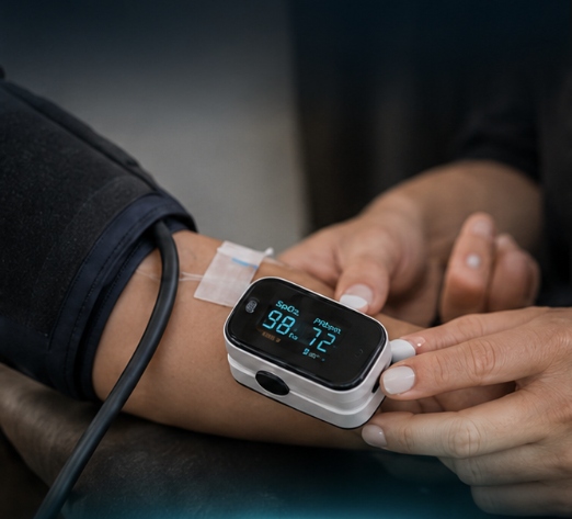 Monitoreo de signos vitales Re-Vibe — oxímetro SpO2 98% y FC 72 bpm durante infusión IV